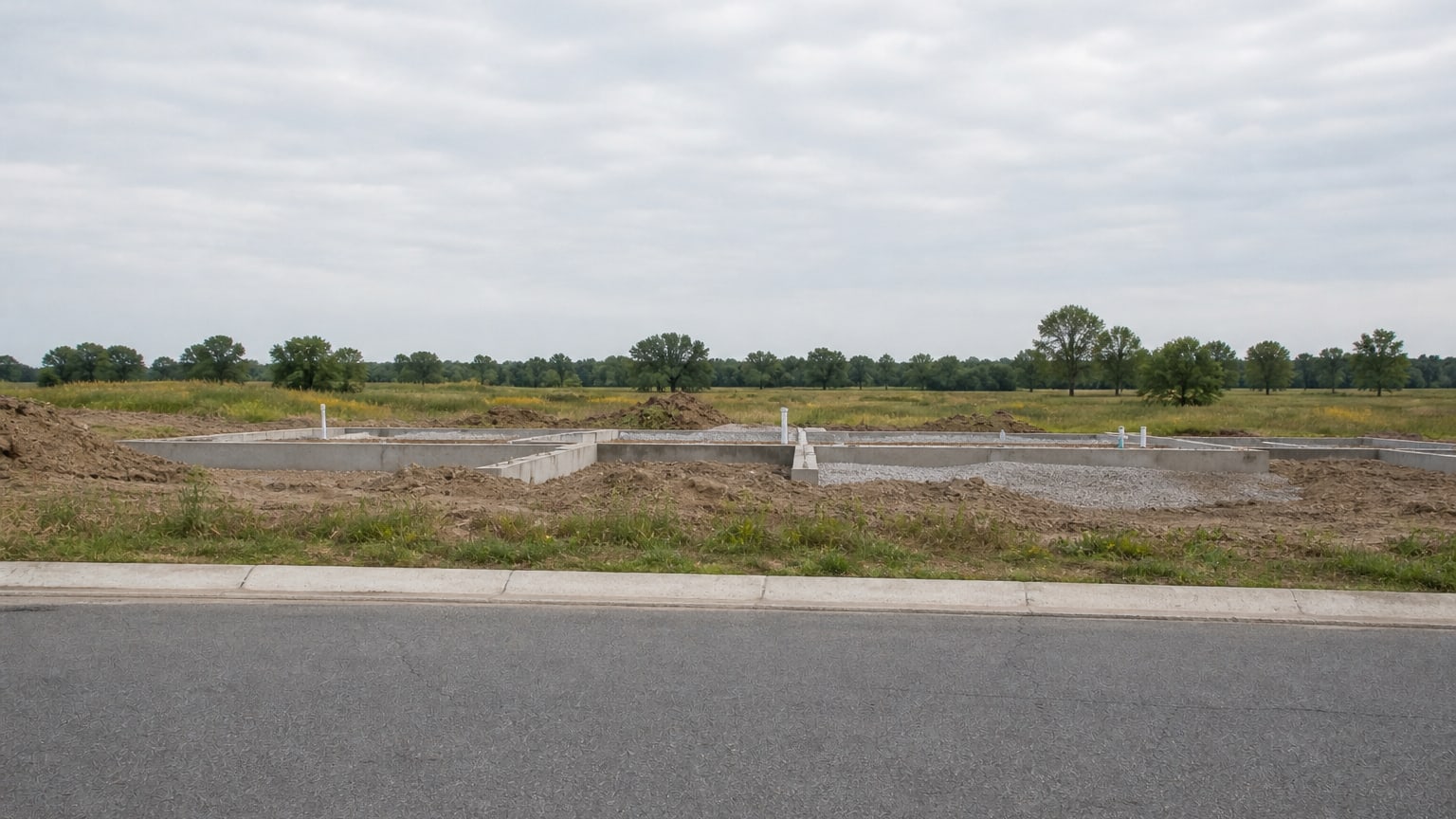 A new construction site beside a county road and open land.