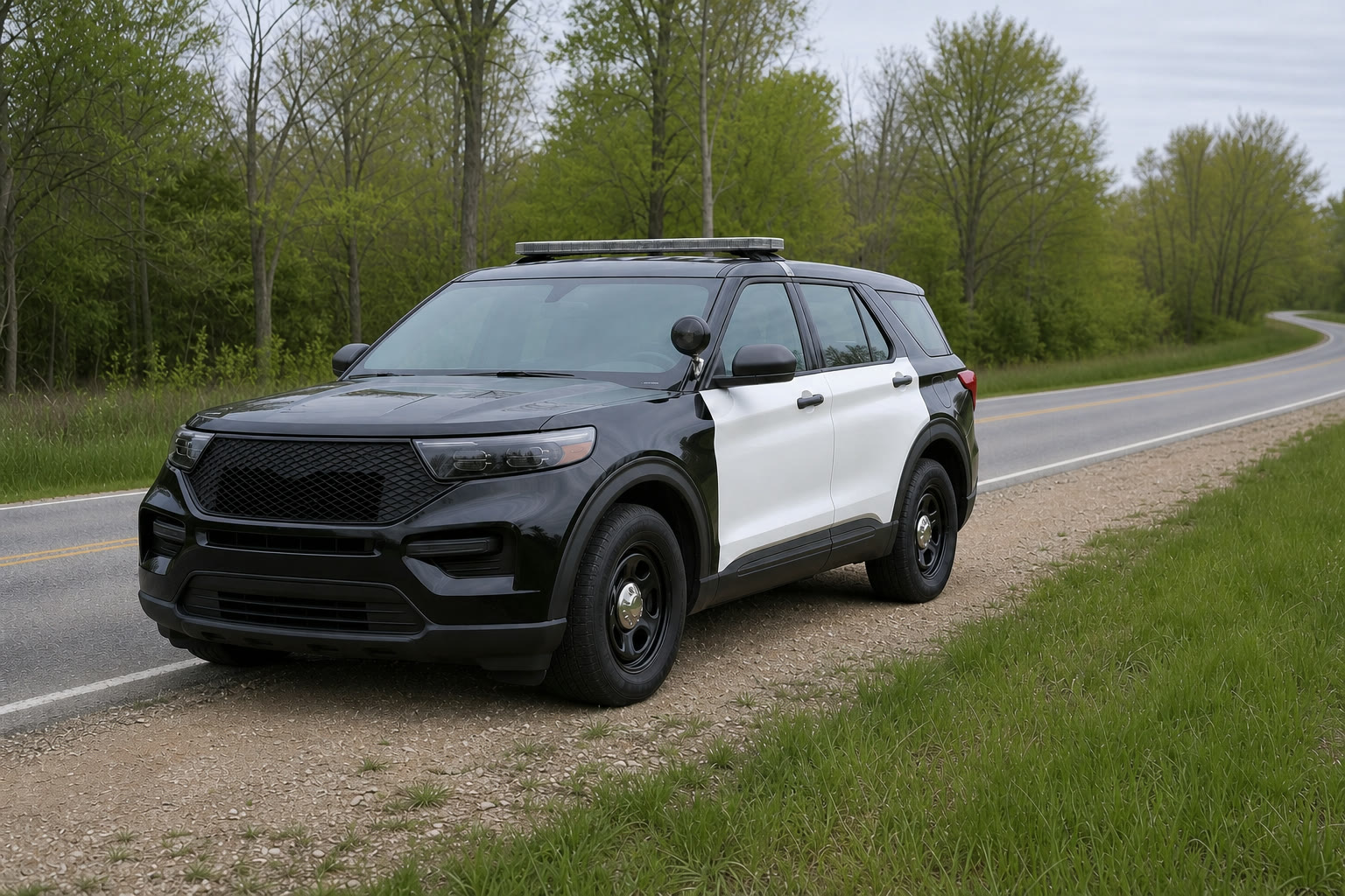 A black-and-white county patrol SUV parked beside a quiet county road.